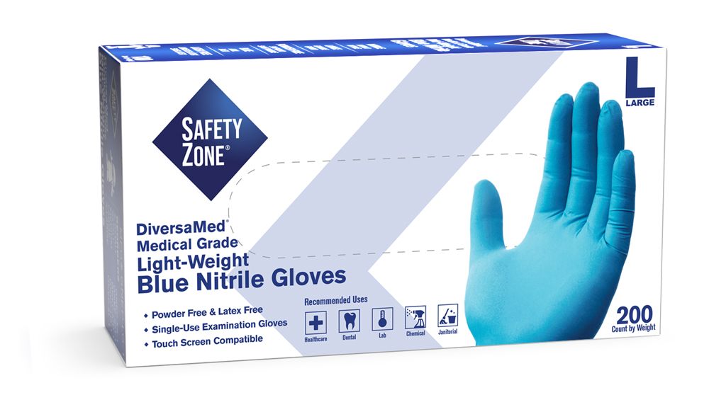 #GNEP-SIZE-1E Safety Zone® DiversaMed Blue Nitrile Exam Gloves (4-mil) -